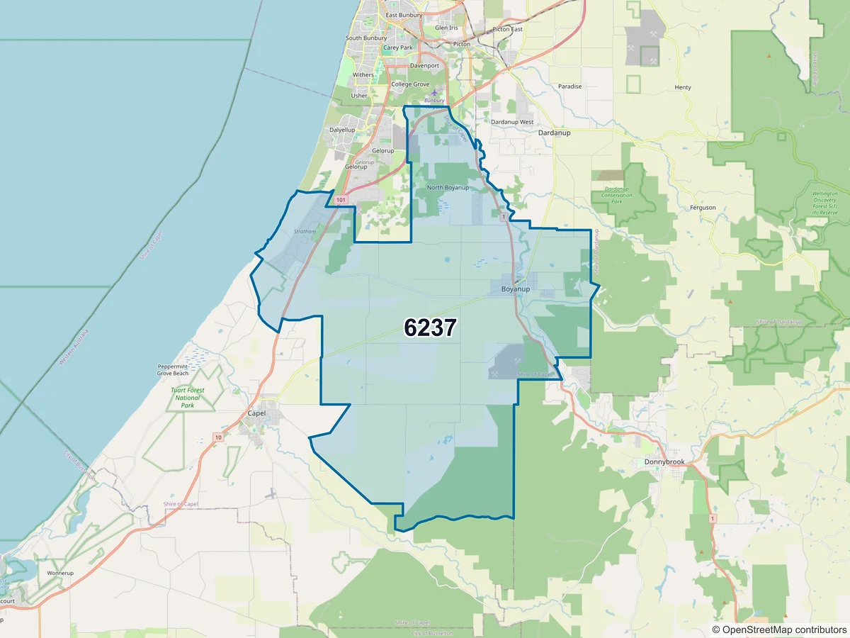 Map of postcode 6237 — Boyanup, WA, Australia