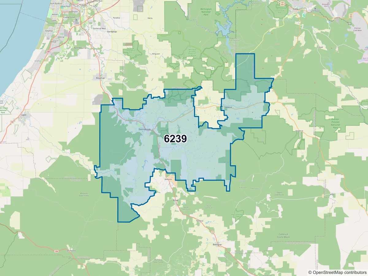 Map of postcode 6239 — Donnybrook, WA, Australia