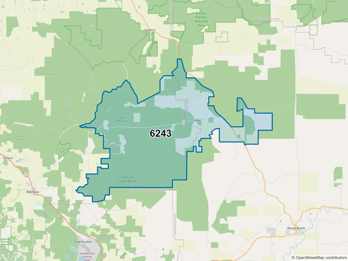 Map of postcode 6243 — Wilga, WA, Australia