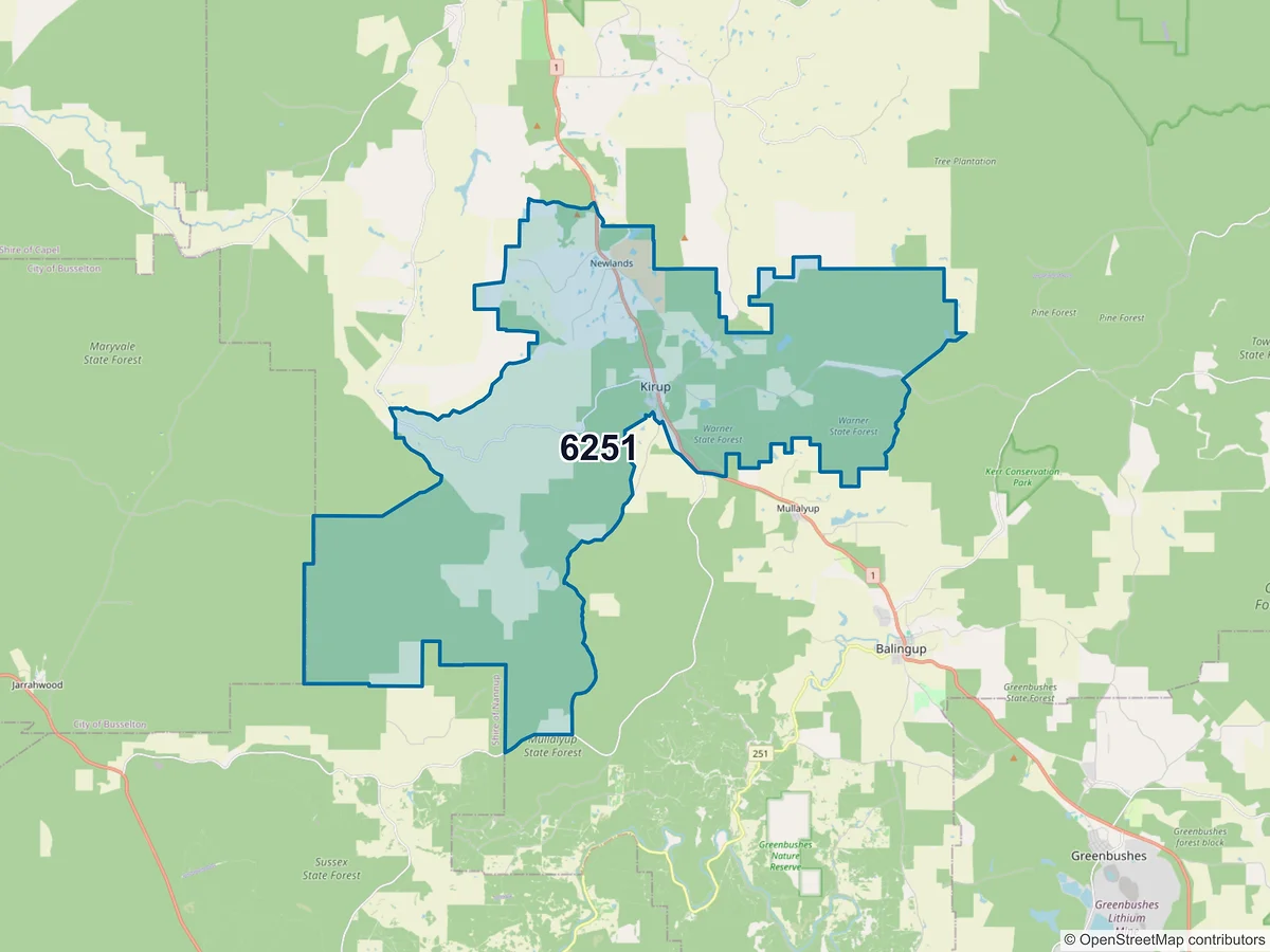 Map of postcode 6251 — Kirup, WA, Australia
