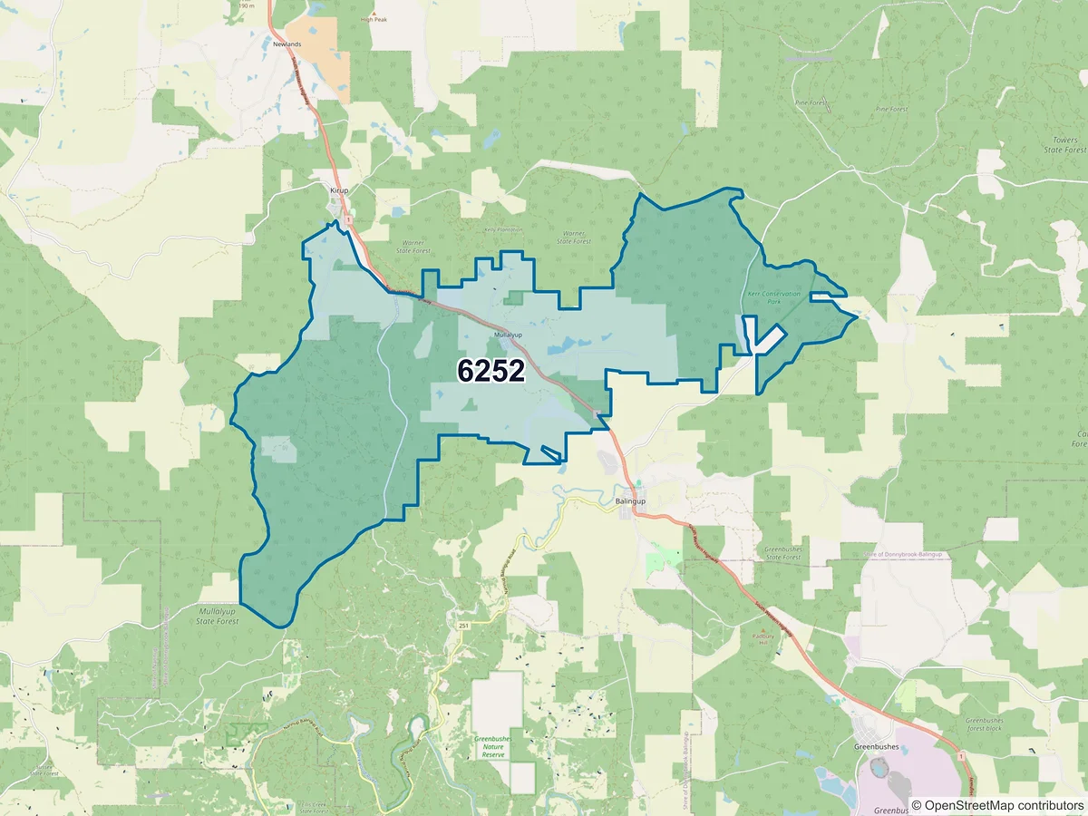 Map of postcode 6252 — Mullalyup, WA, Australia