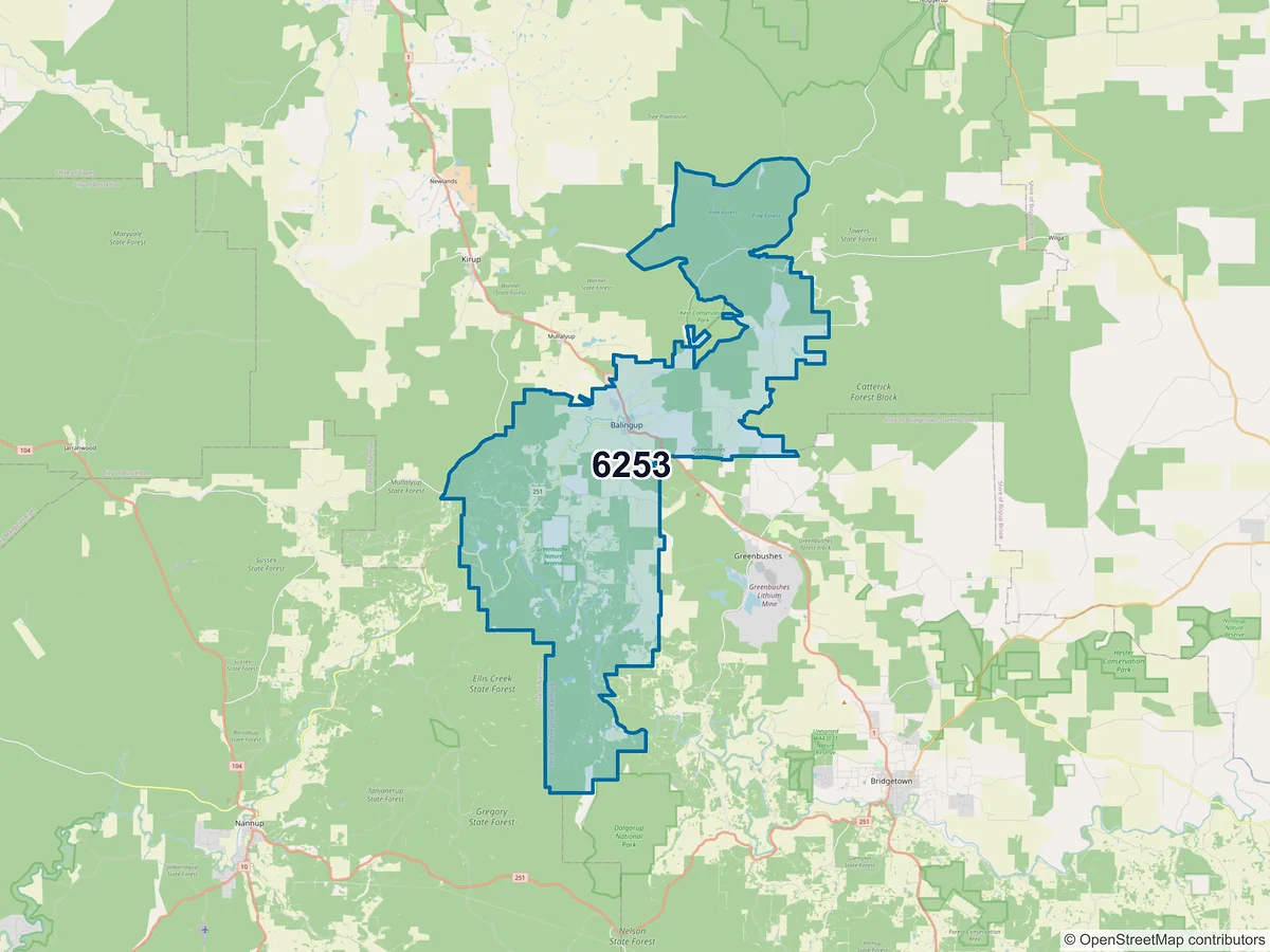 Map of postcode 6253 — Balingup, WA, Australia