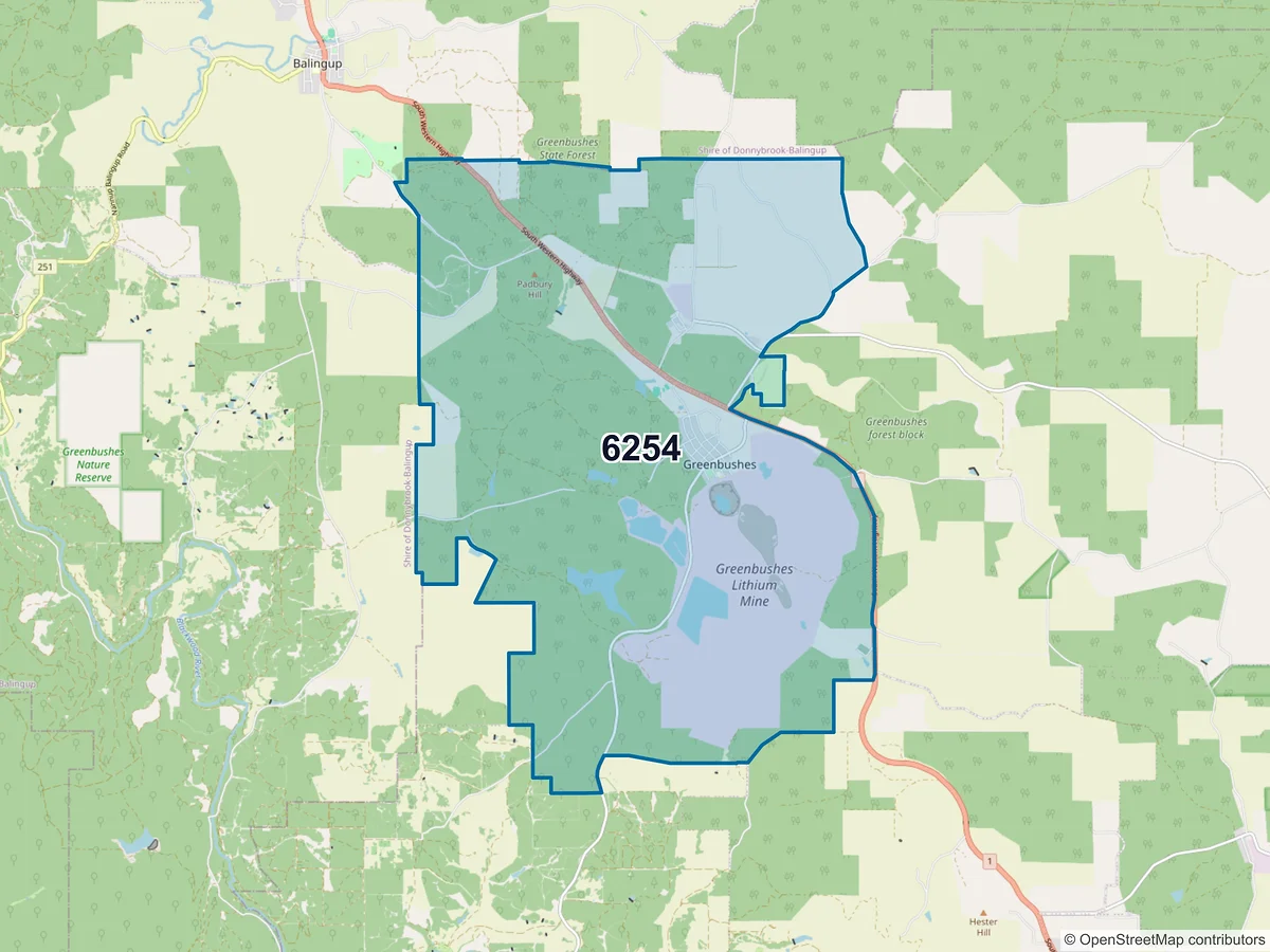 Map of postcode 6254 — Greenbushes, WA, Australia