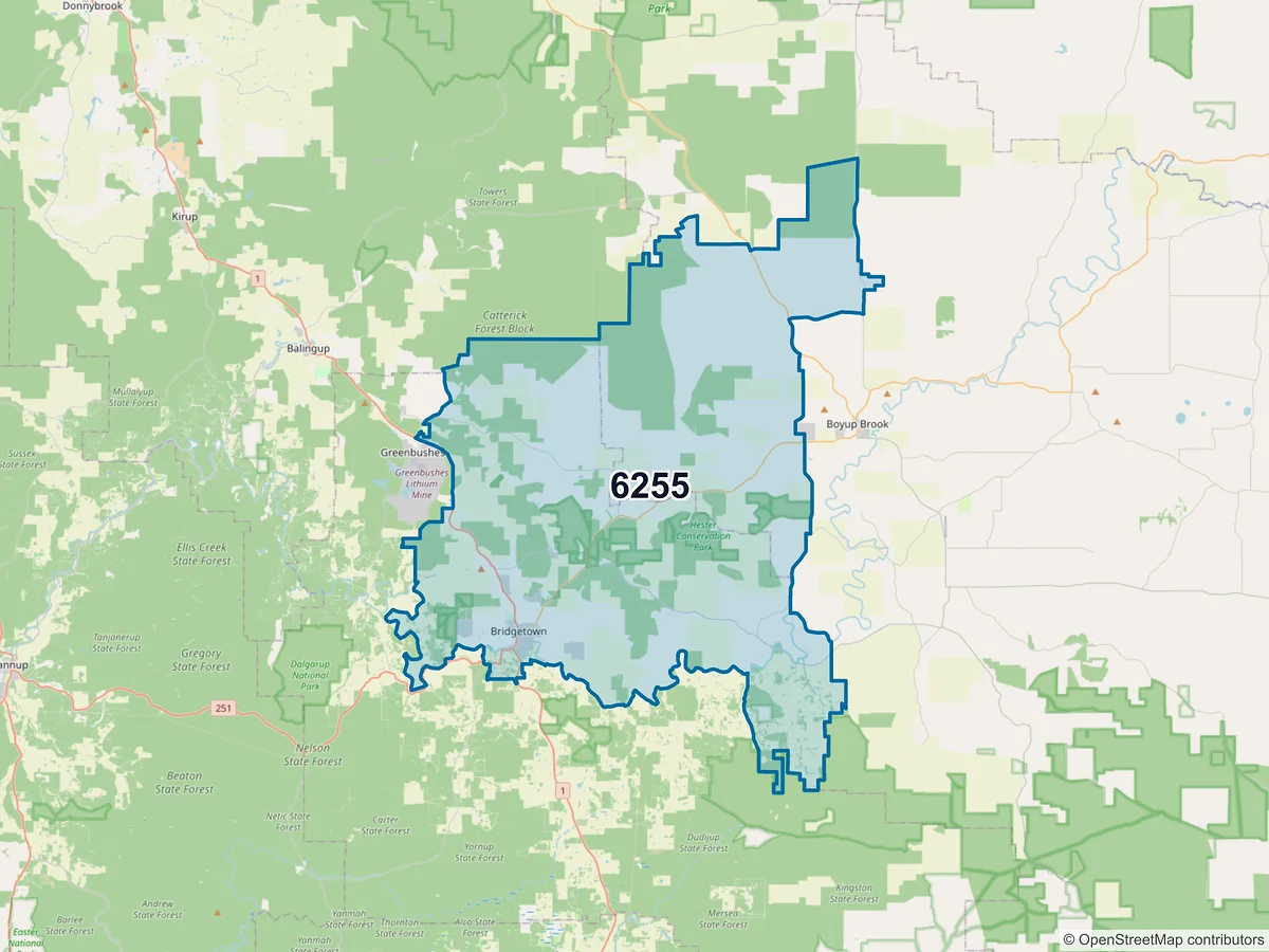 Map of postcode 6255 — Bridgetown, WA, Australia