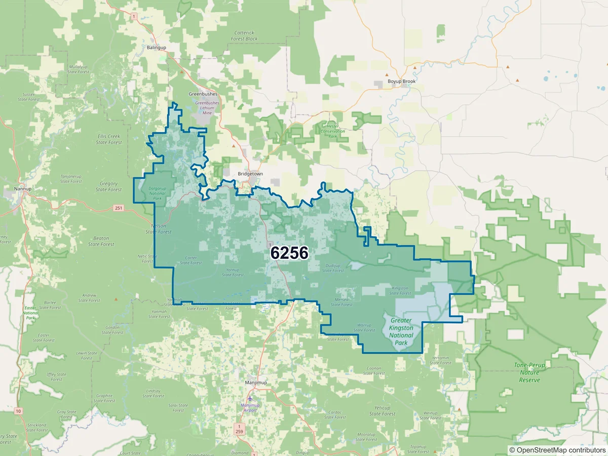 Map of postcode 6256 — Glenlynn, WA, Australia