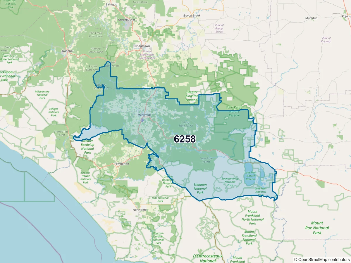 Map of postcode 6258 — Manjimup, WA, Australia