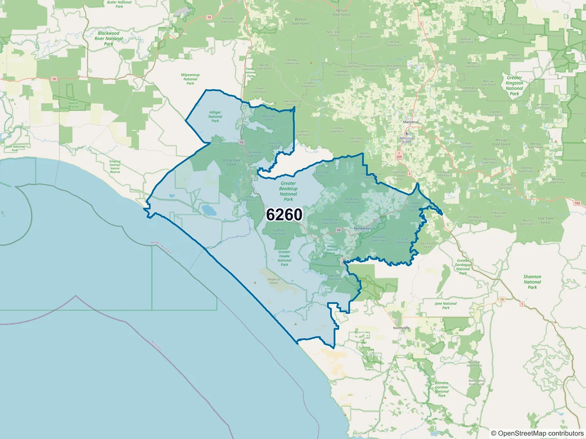 Map of postcode 6260 — Pemberton, WA, Australia