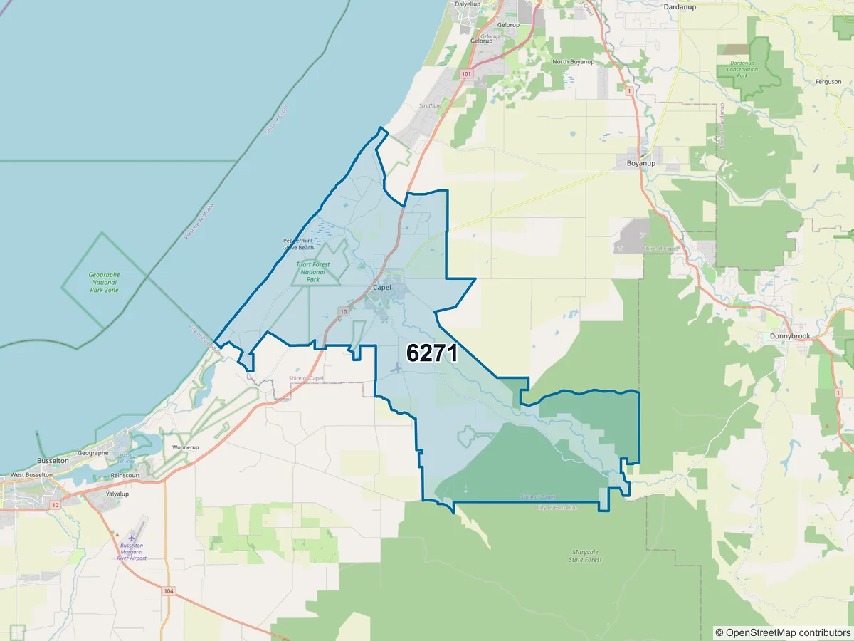 Map of postcode 6271 — Capel, WA, Australia
