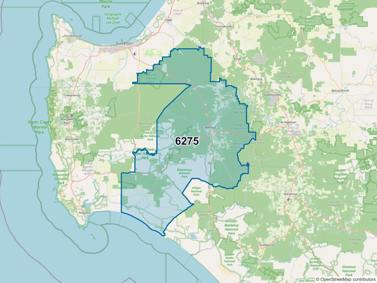 Map of postcode 6275 — Nannup, WA, Australia