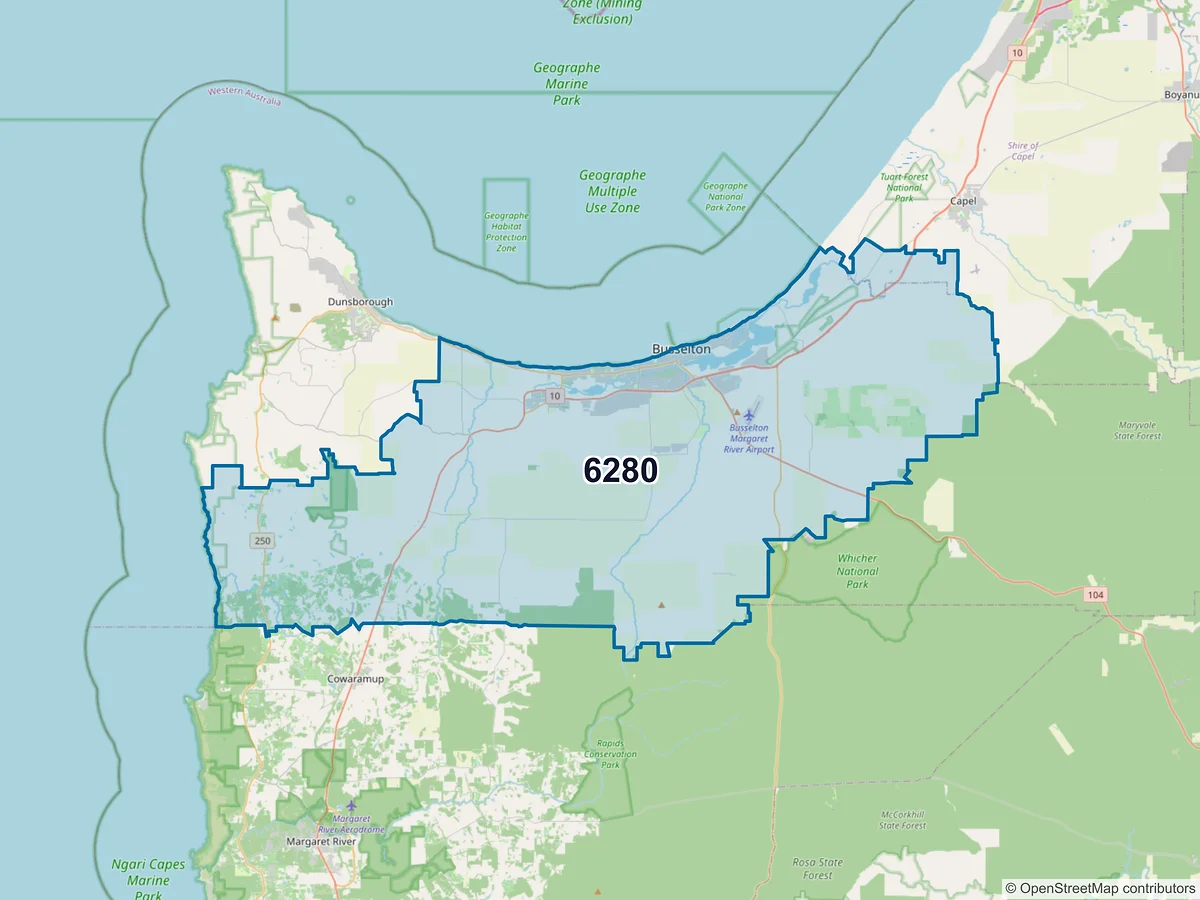 Map of postcode 6280 — West Busselton, WA, Australia