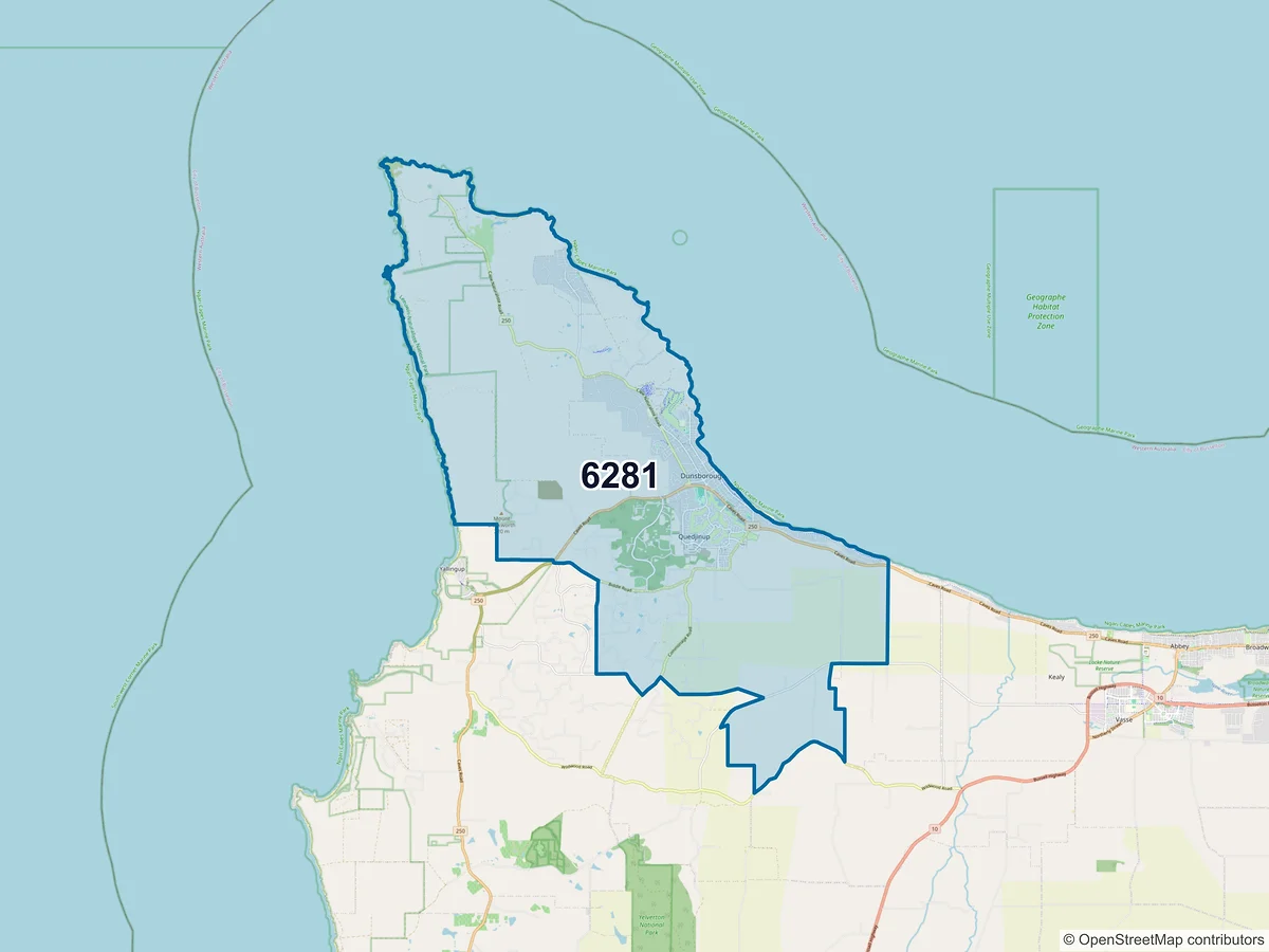 Map of postcode 6281 — Dunsborough, WA, Australia