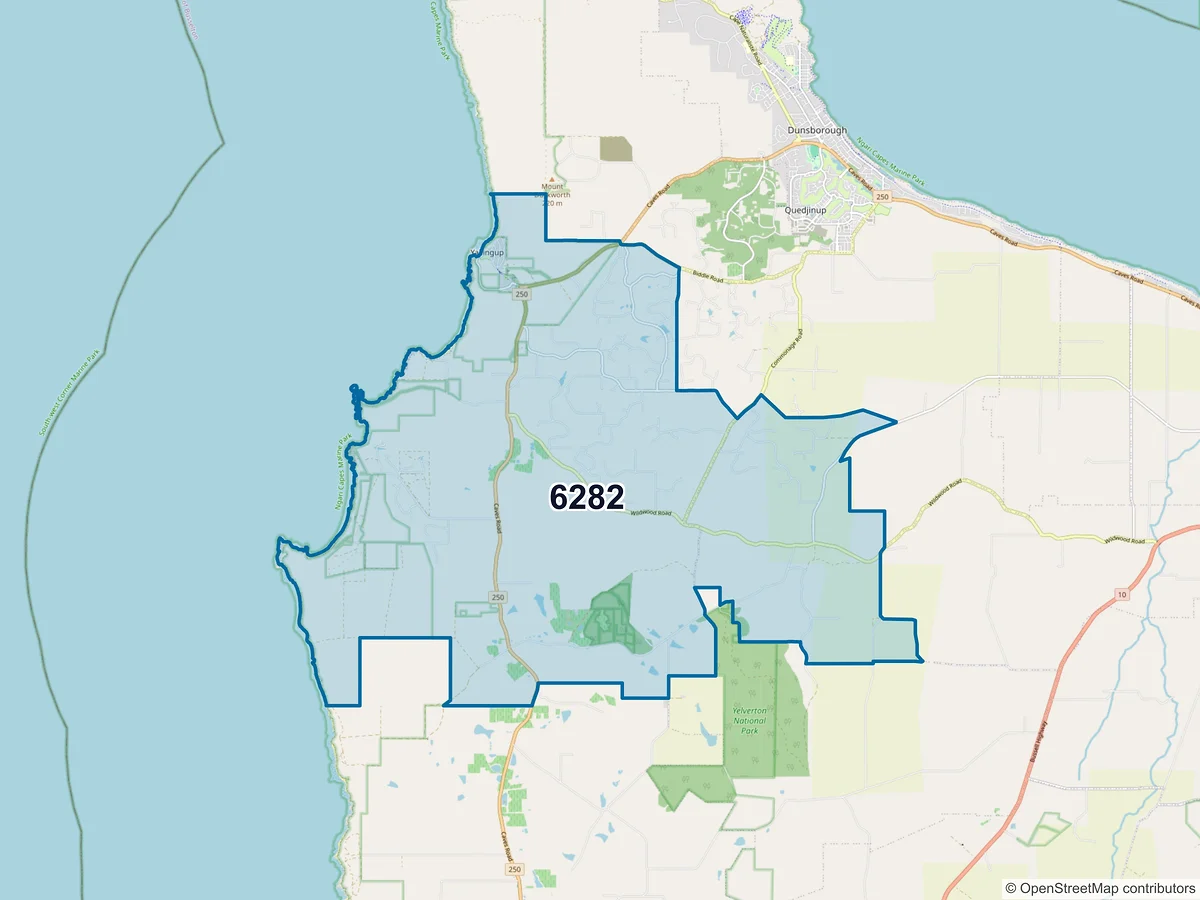 Map of postcode 6282 — Yallingup, WA, Australia