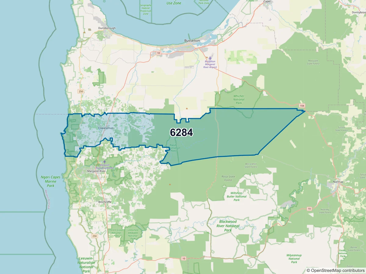 Map of postcode 6284 — Cowaramup, WA, Australia