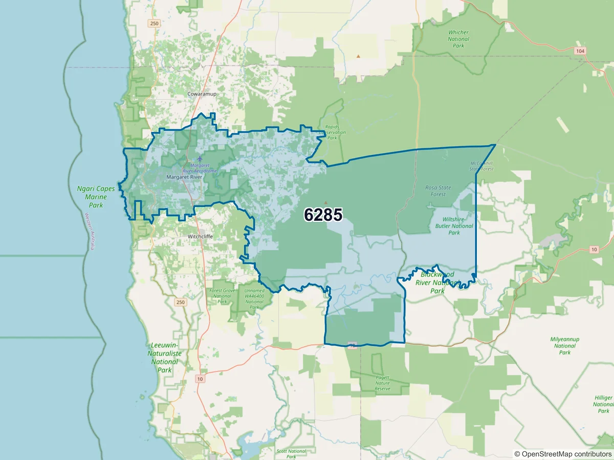 Map of postcode 6285 — Margaret River, WA, Australia