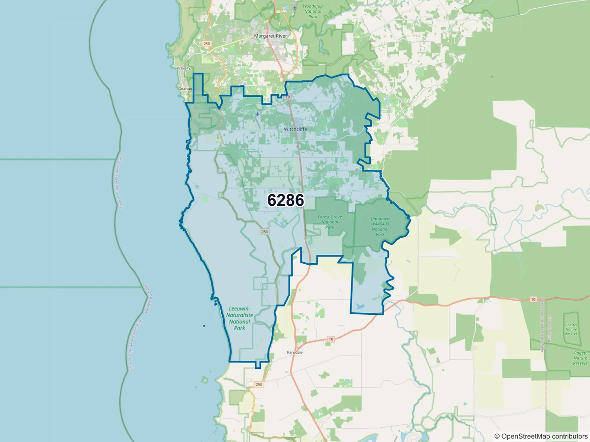 Map of postcode 6286 — Witchcliffe, WA, Australia