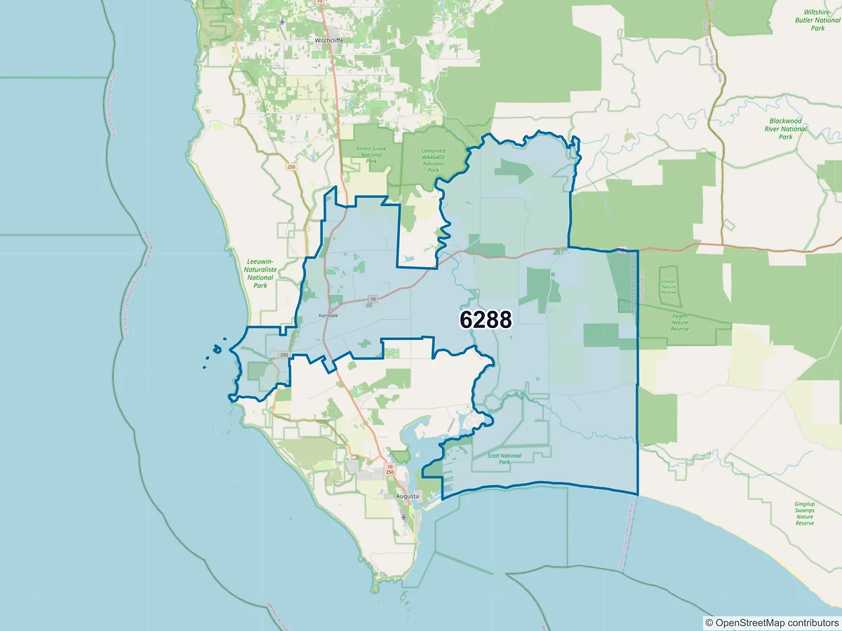 Map of postcode 6288 — Karridale, WA, Australia