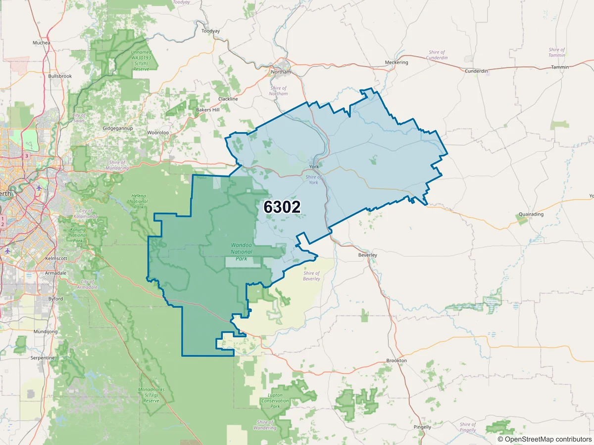 Map of postcode 6302 — York, WA, Australia