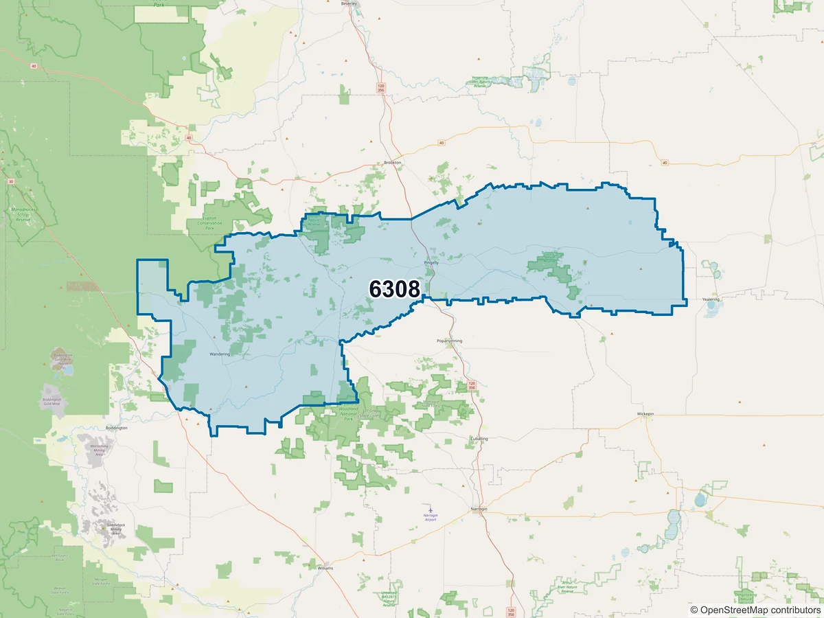 Map of postcode 6308 — Pingelly, WA, Australia