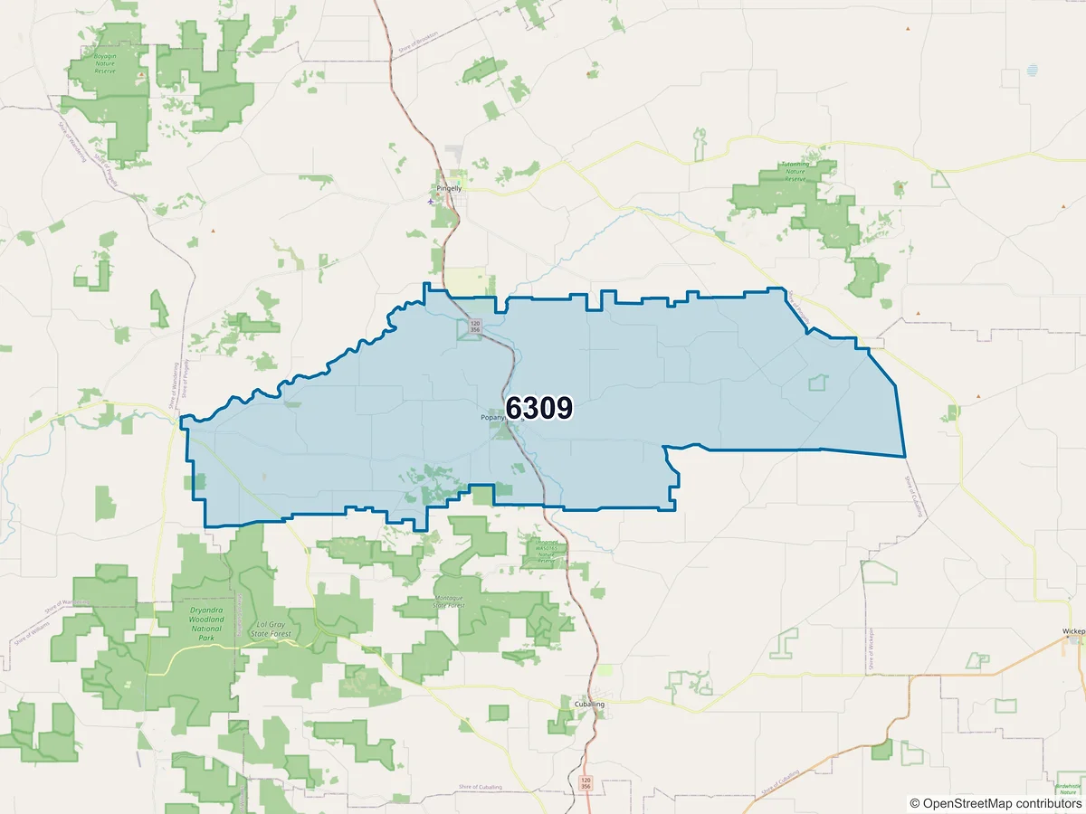 Map of postcode 6309 — Popanyinning, WA, Australia