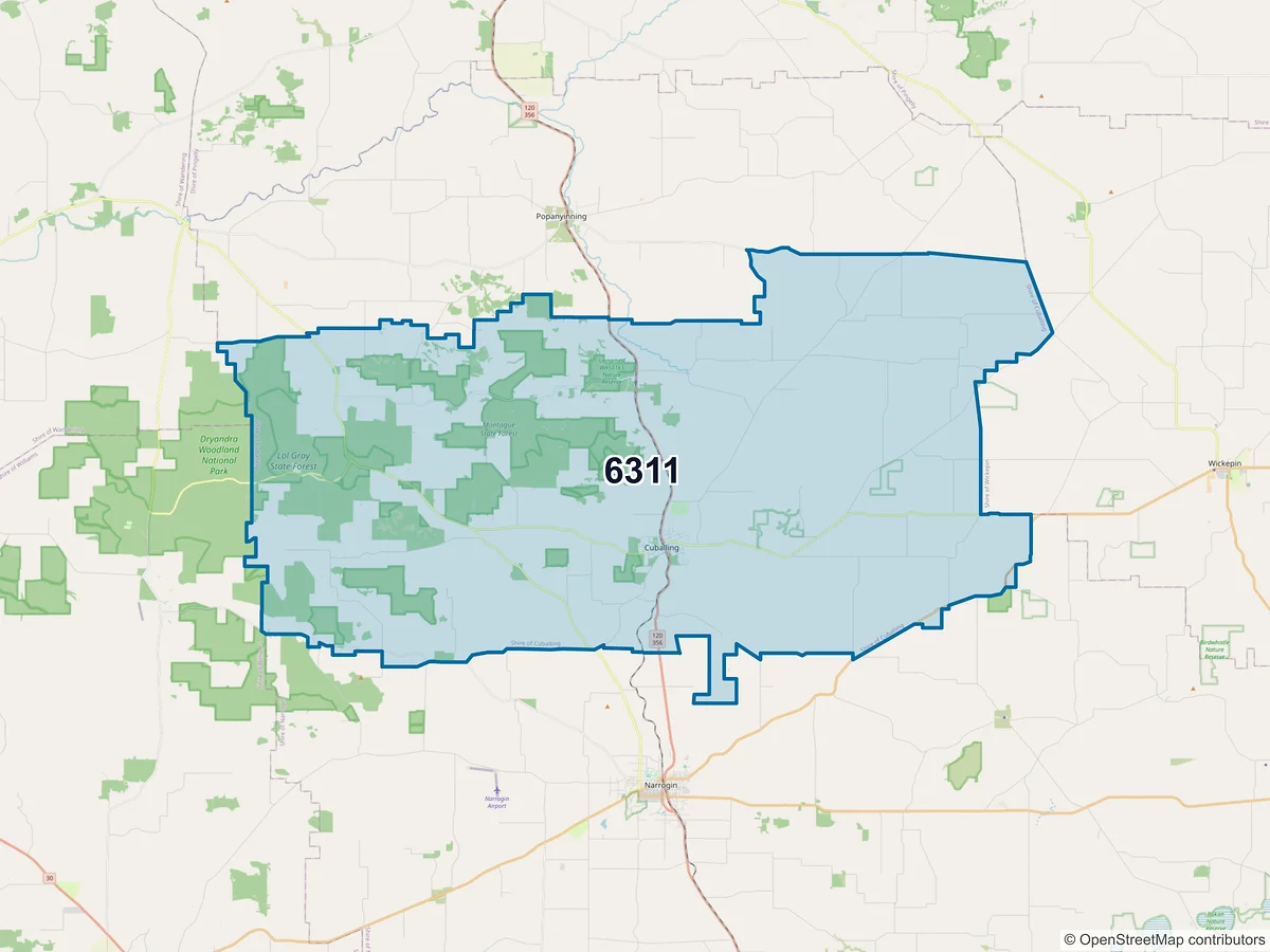 Map of postcode 6311 — Cuballing, WA, Australia
