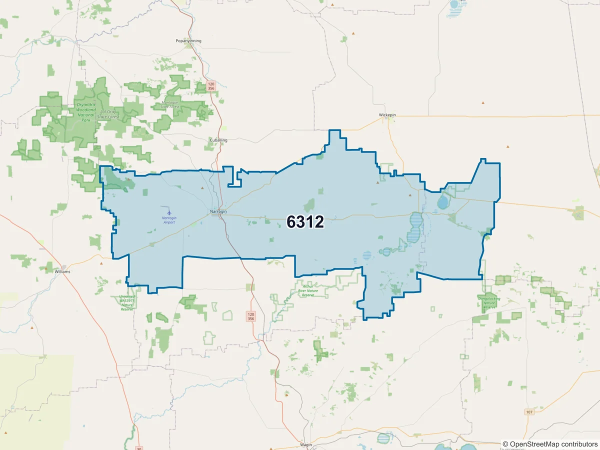 Map of postcode 6312 — Narrogin, WA, Australia