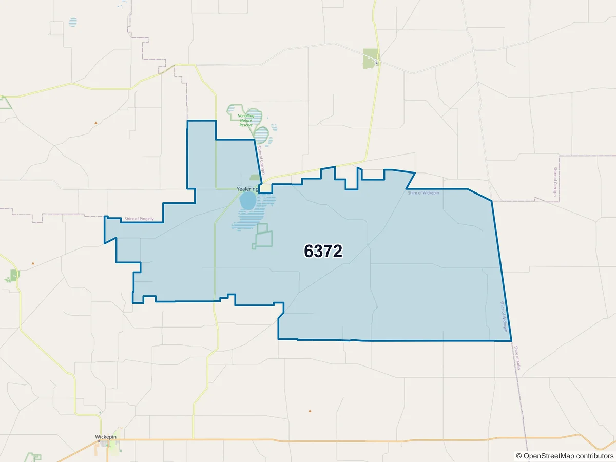 Map of postcode 6372 — Yealering, WA, Australia