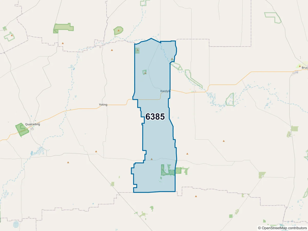 Map of postcode 6385 — Kwolyin, WA, Australia