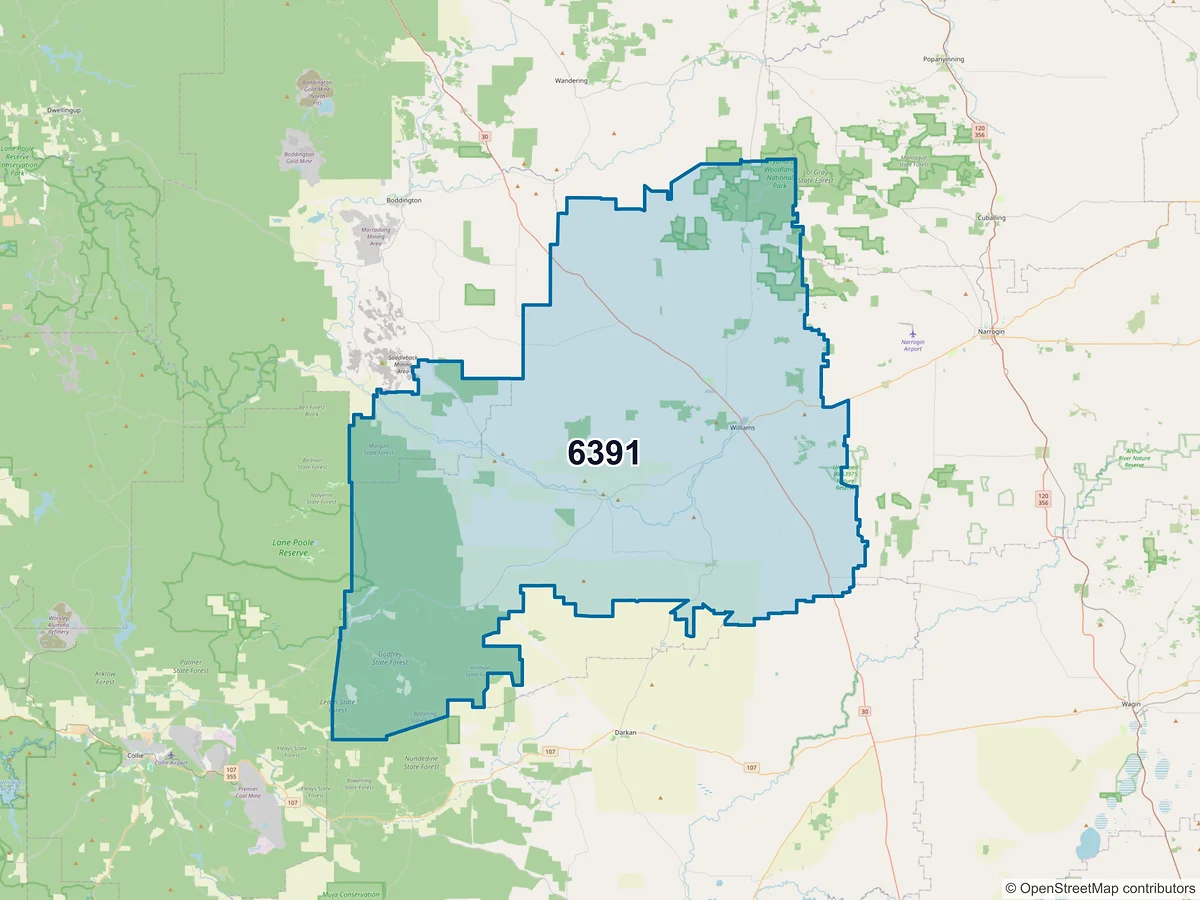 Map of postcode 6391 — Williams, WA, Australia