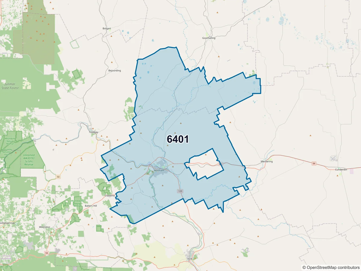Map of postcode 6401 — Northam, WA, Australia