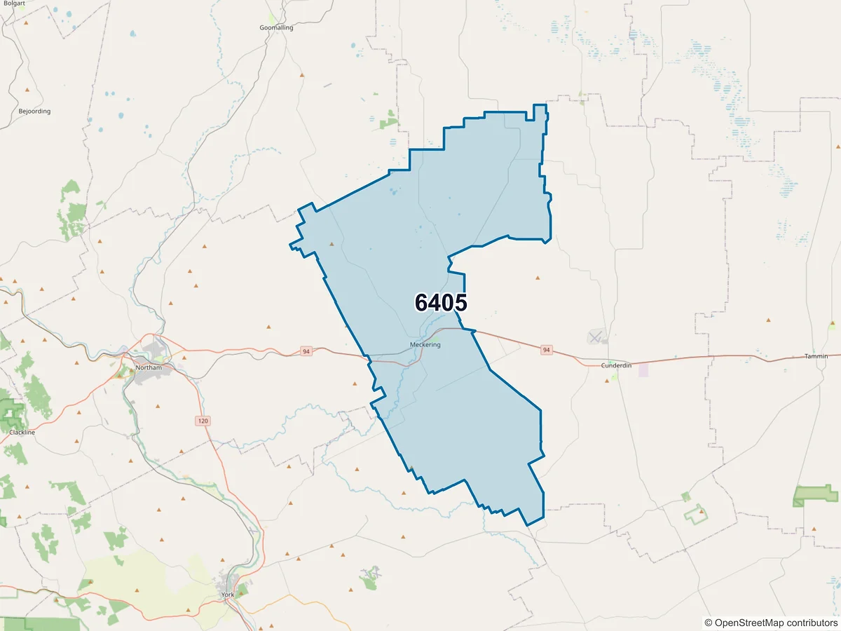 Map of postcode 6405 — Meckering, WA, Australia