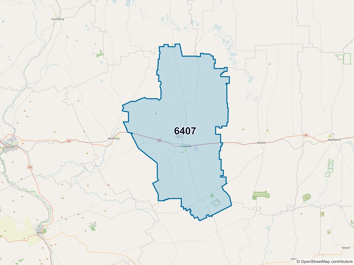 Map of postcode 6407 — Cunderdin, WA, Australia