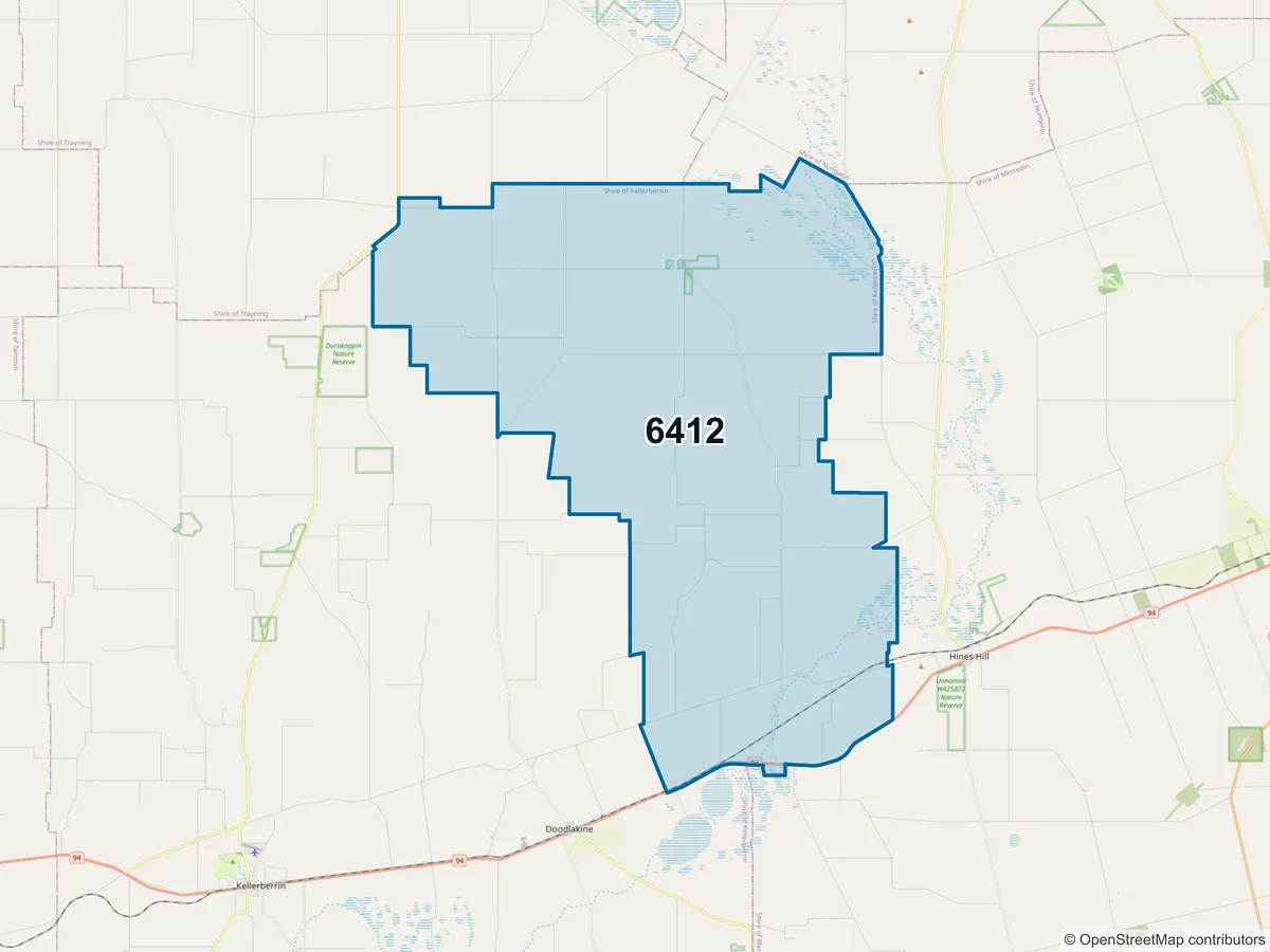 Map of postcode 6412 — Baandee, WA, Australia