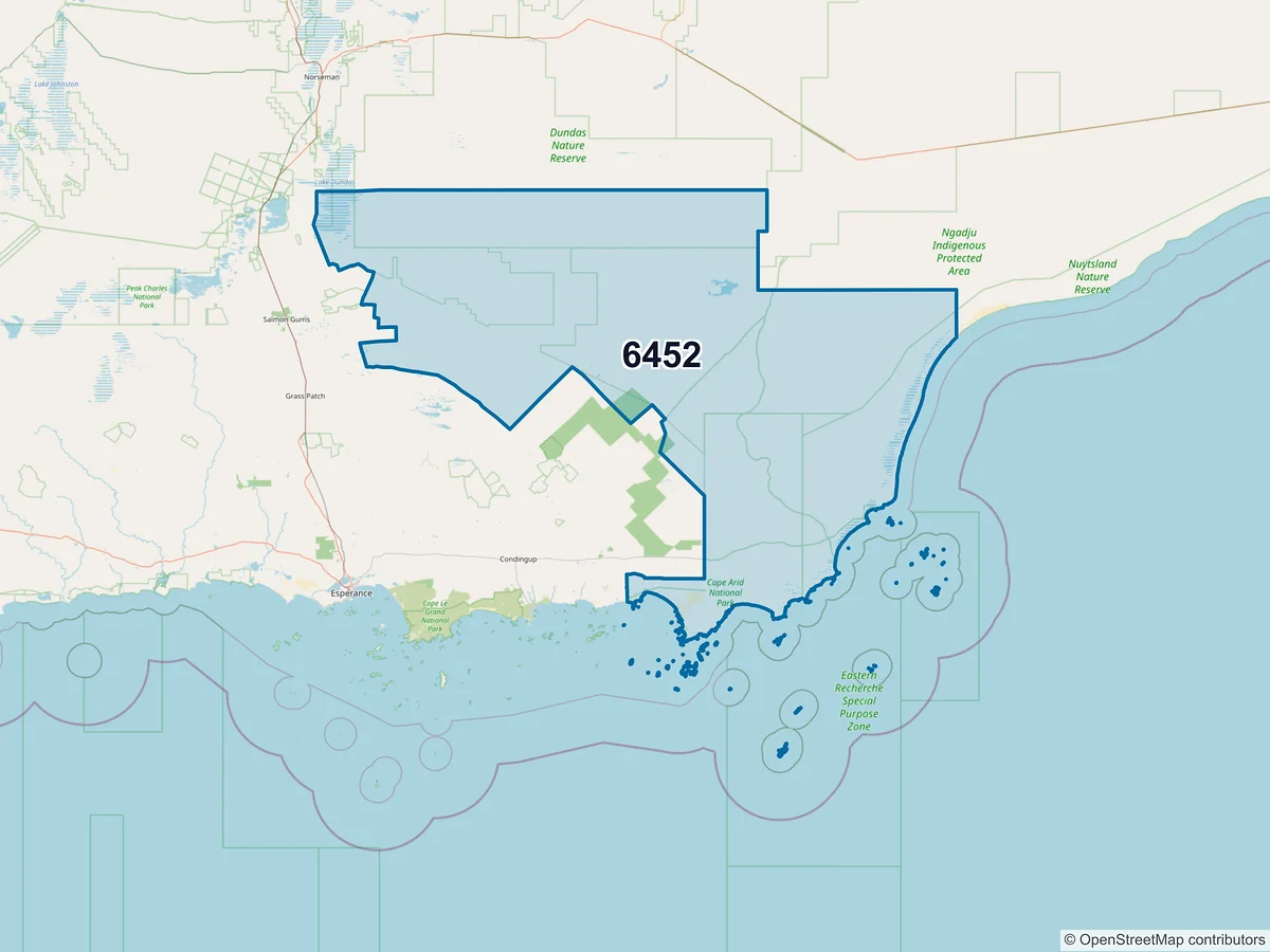 Map of postcode 6452 — Cape Arid, WA, Australia