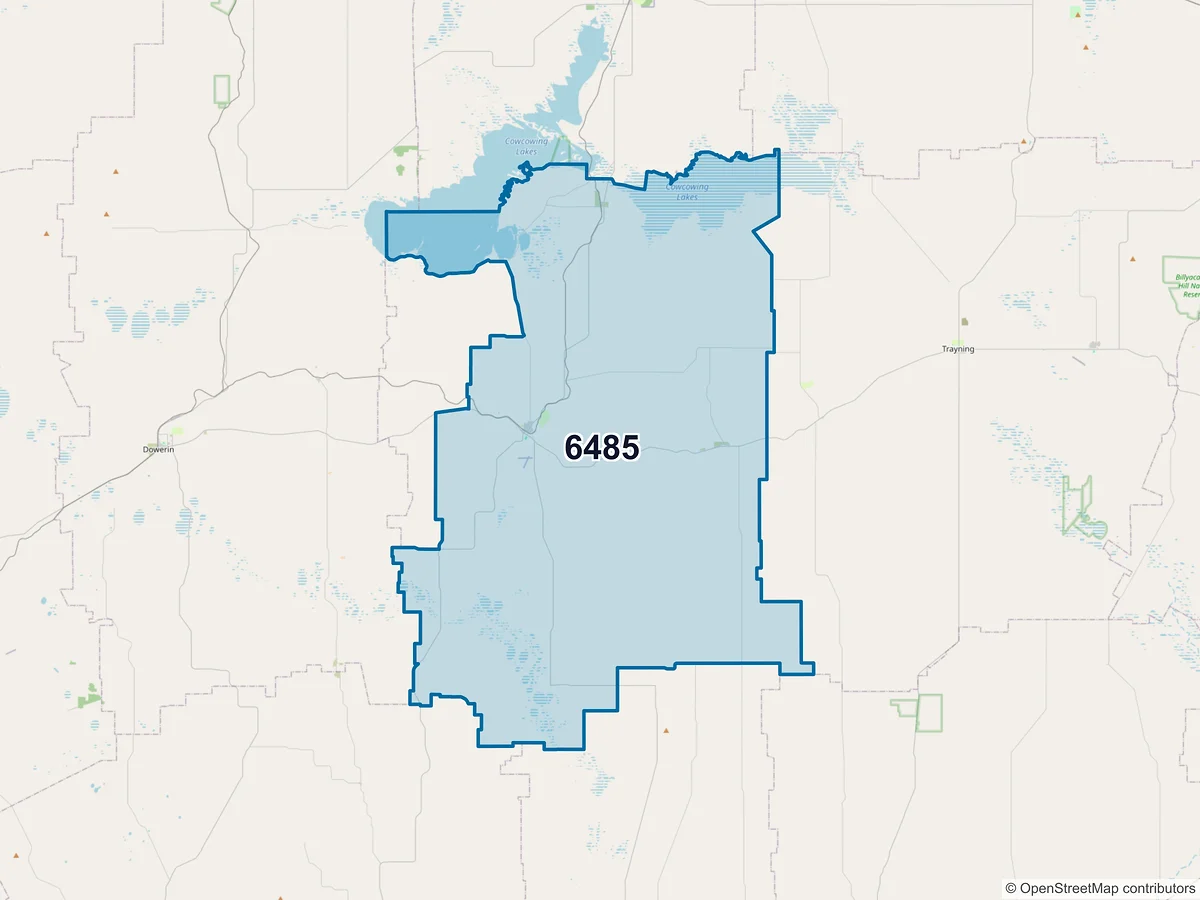 Map of postcode 6485 — Wyalkatchem, WA, Australia