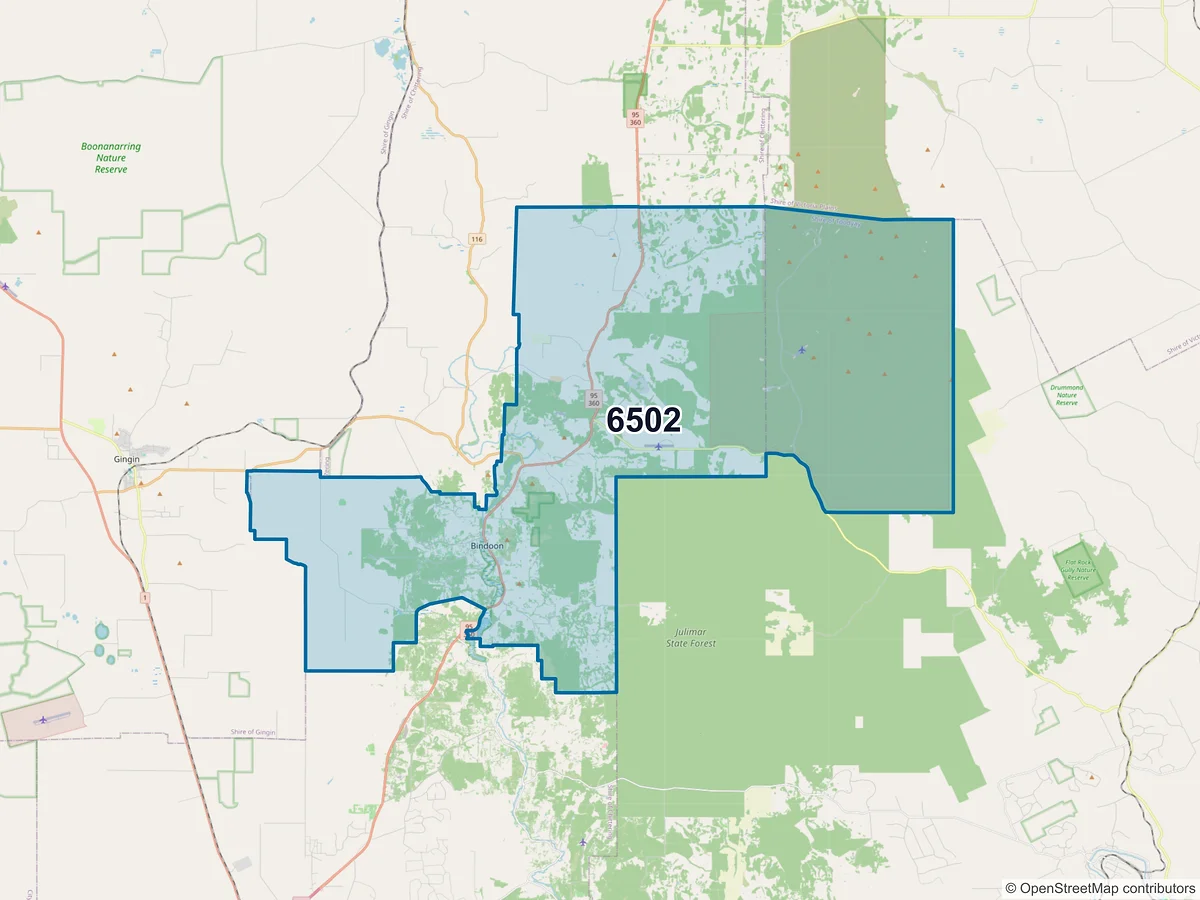 Map of postcode 6502 — Bindoon, WA, Australia