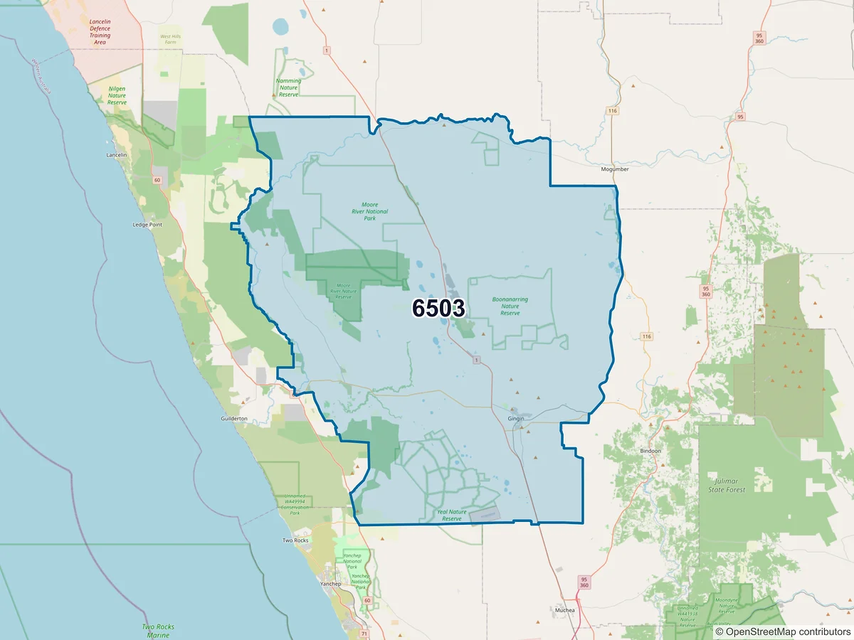 Map of postcode 6503 — Gingin, WA, Australia