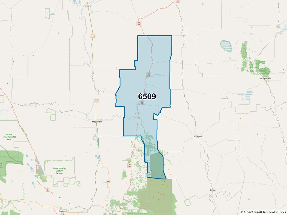 Map of postcode 6509 — New Norcia, WA, Australia