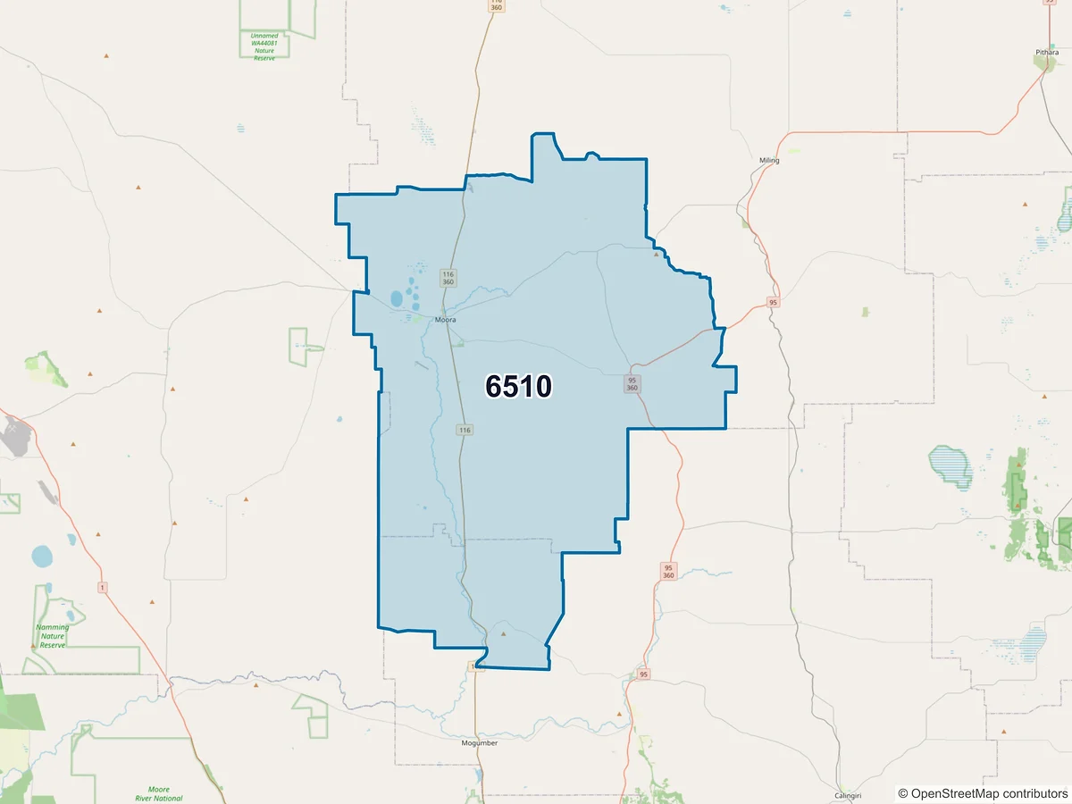 Map of postcode 6510 — Moora, WA, Australia