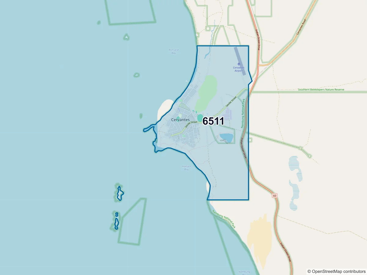 Map of postcode 6511 — Cervantes, WA, Australia