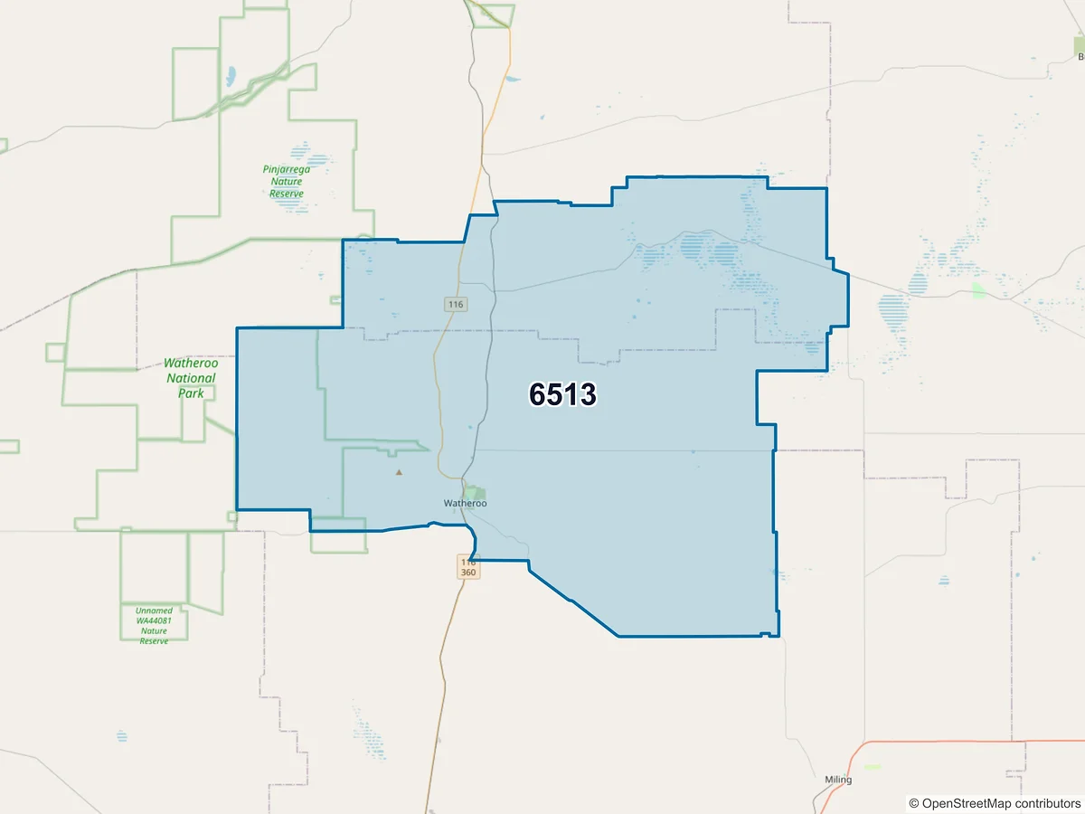 Map of postcode 6513 — Watheroo, WA, Australia