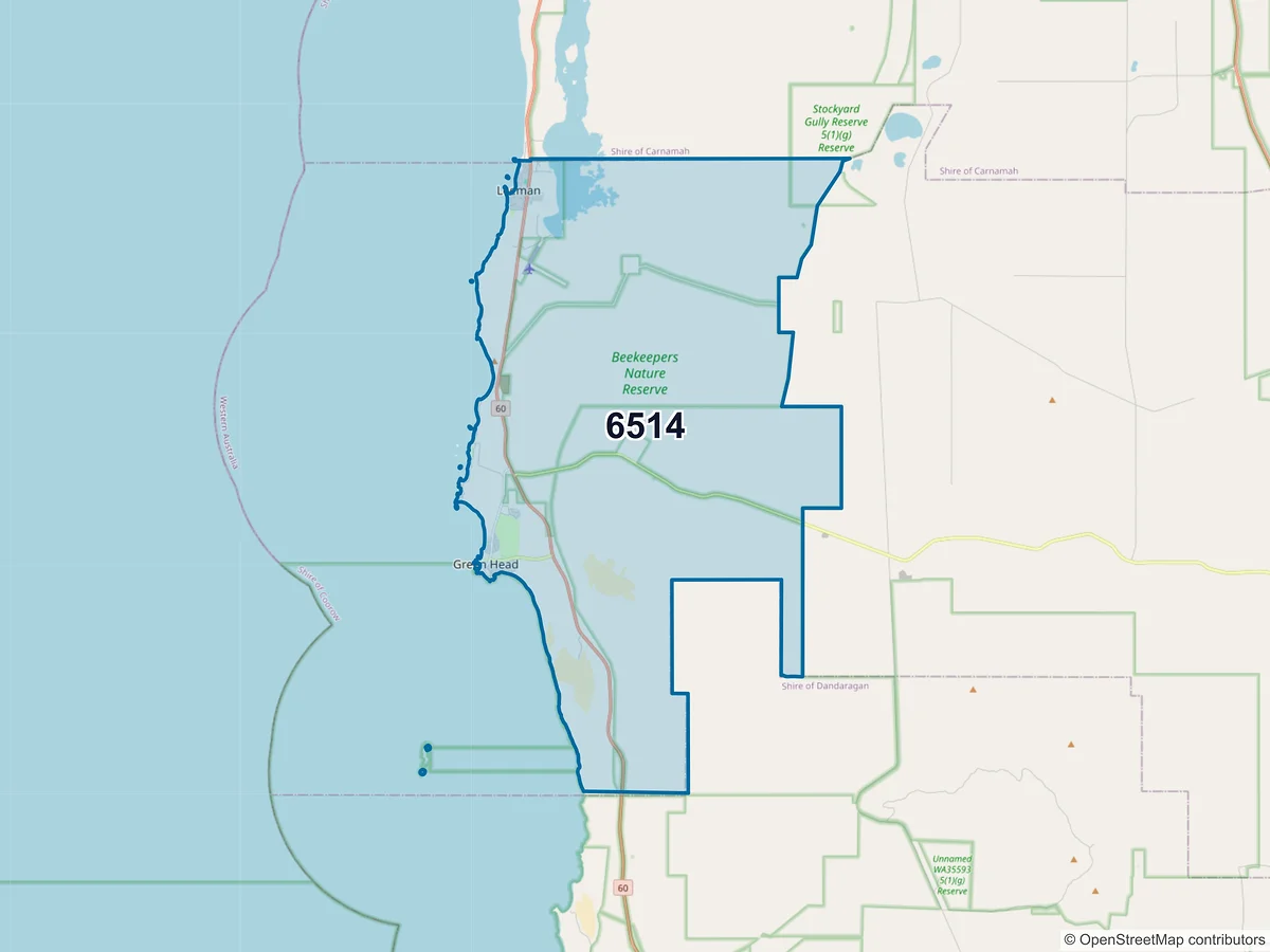 Map of postcode 6514 — Green Head, WA, Australia