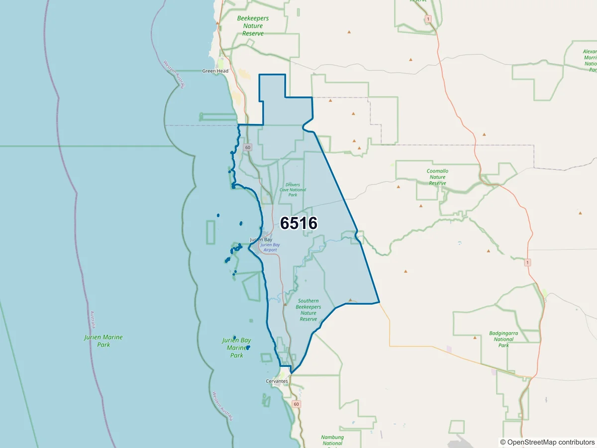 Map of postcode 6516 — Jurien Bay, WA, Australia