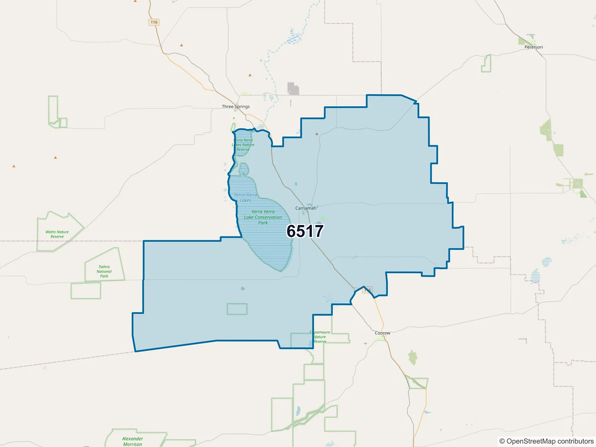 Map of postcode 6517 — Carnamah, WA, Australia