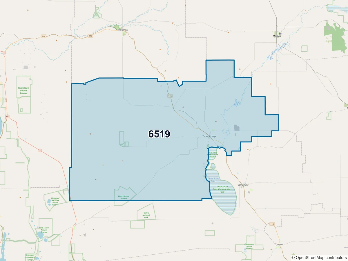 Map of postcode 6519 — Three Springs, WA, Australia