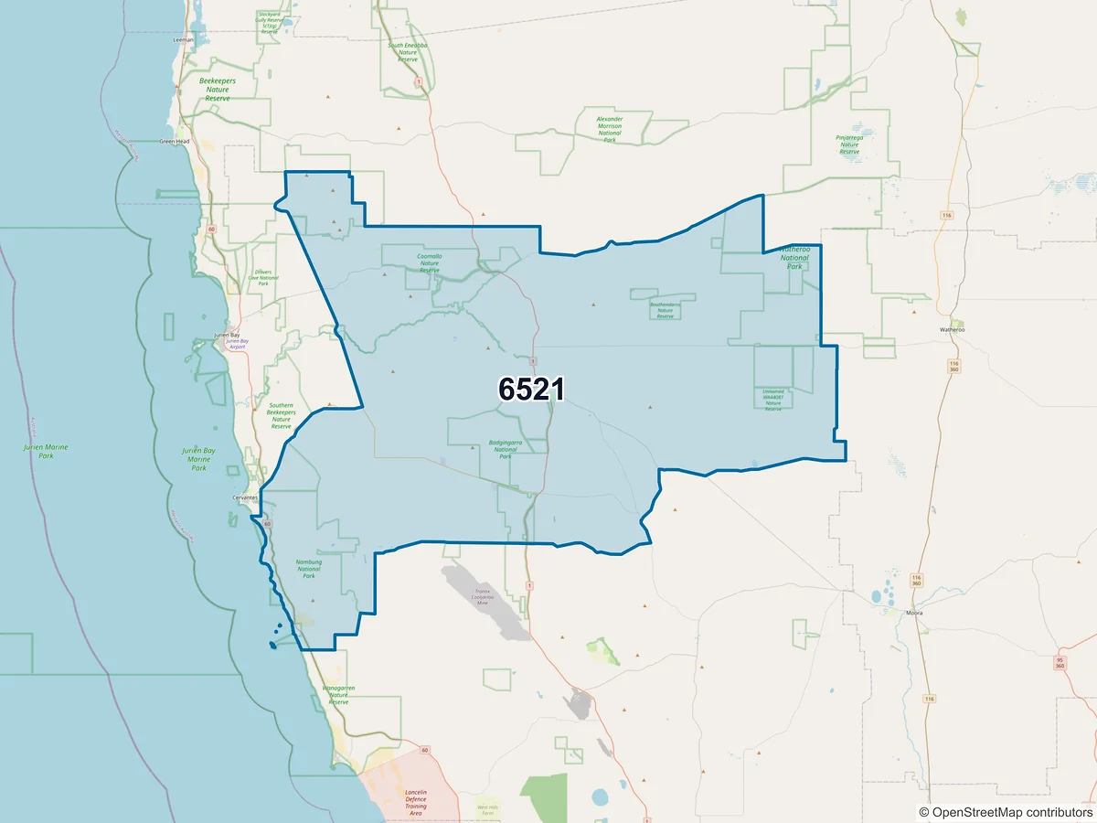 Map of postcode 6521 — Badgingarra, WA, Australia