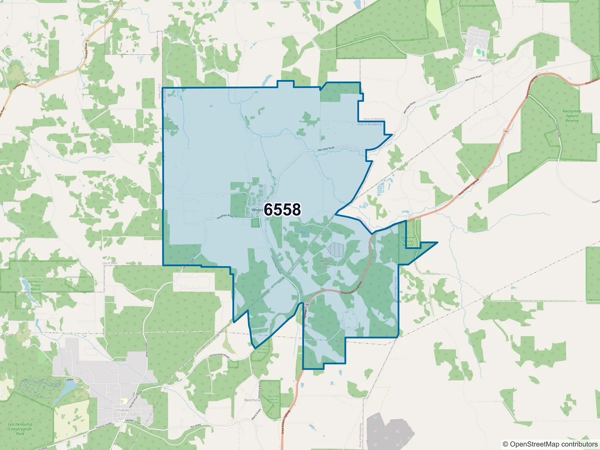 Map of postcode 6558 — Wooroloo, WA, Australia