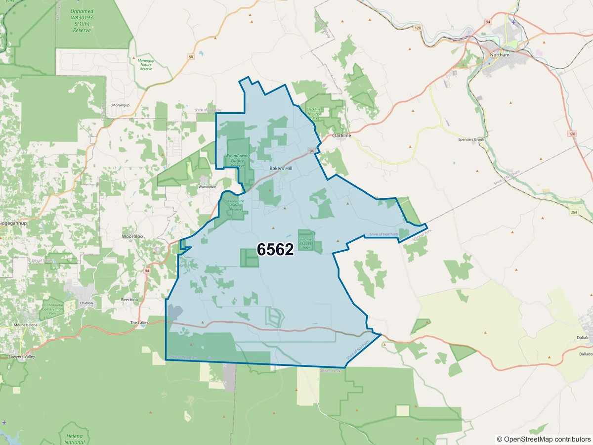 Map of postcode 6562 — Bakers Hill, WA, Australia