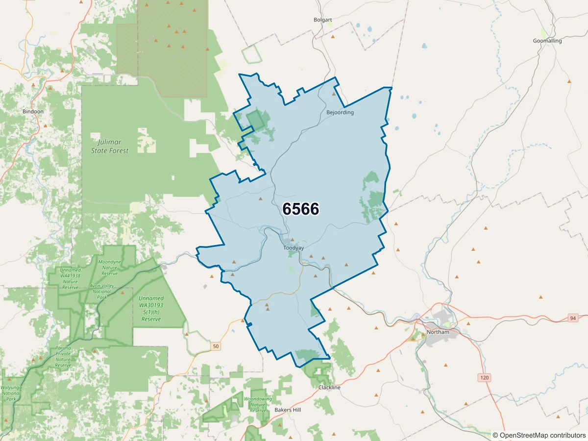 Map of postcode 6566 — Toodyay, WA, Australia