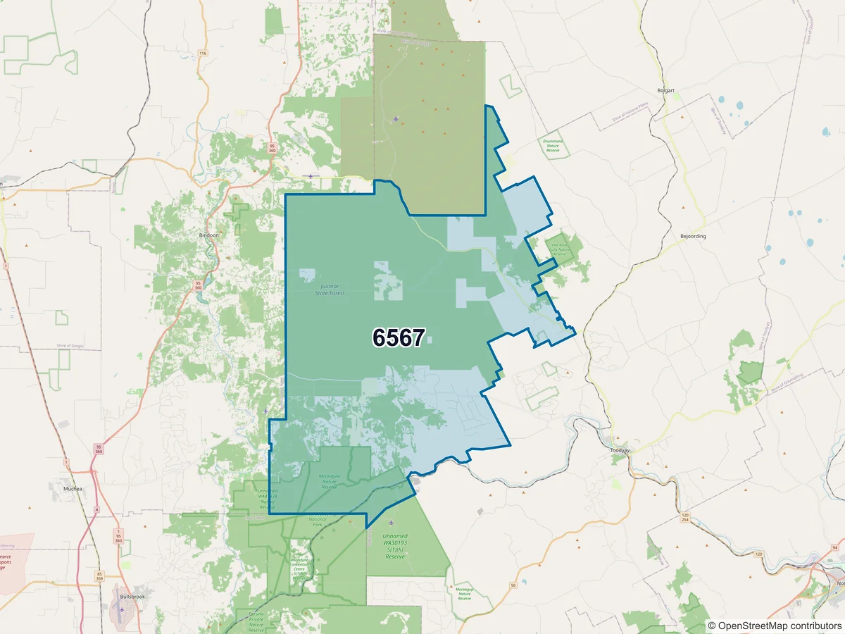 Map of postcode 6567 — Julimar, WA, Australia