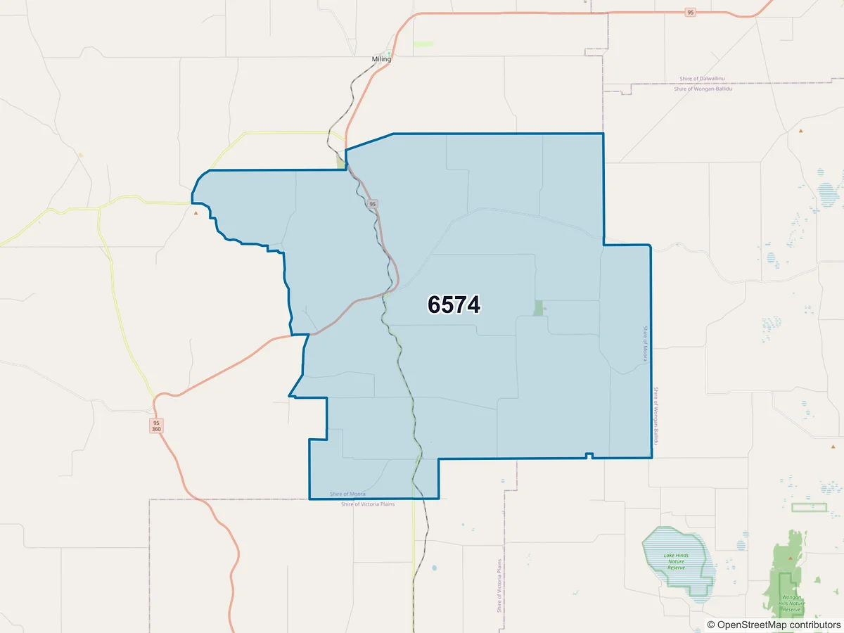 Map of postcode 6574 — Bindi Bindi, WA, Australia